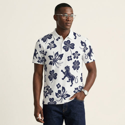 Abstract Tiger-Inspired Men’s Polo Shirt – Refined Animal Symbol Fashion for Modern Minimalist Style