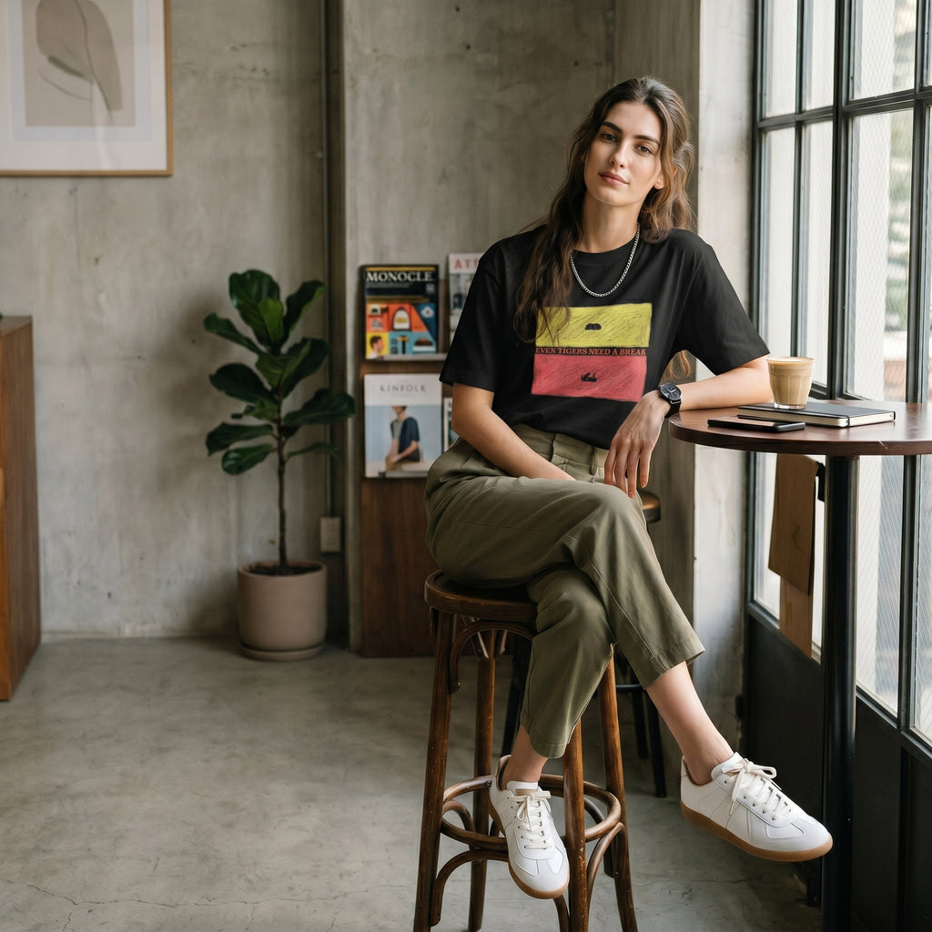 Even Tigers Need a Break Graphic T-Shirt – Conceptual Tiger Statement Tee for Modern Work-Life Balance Style