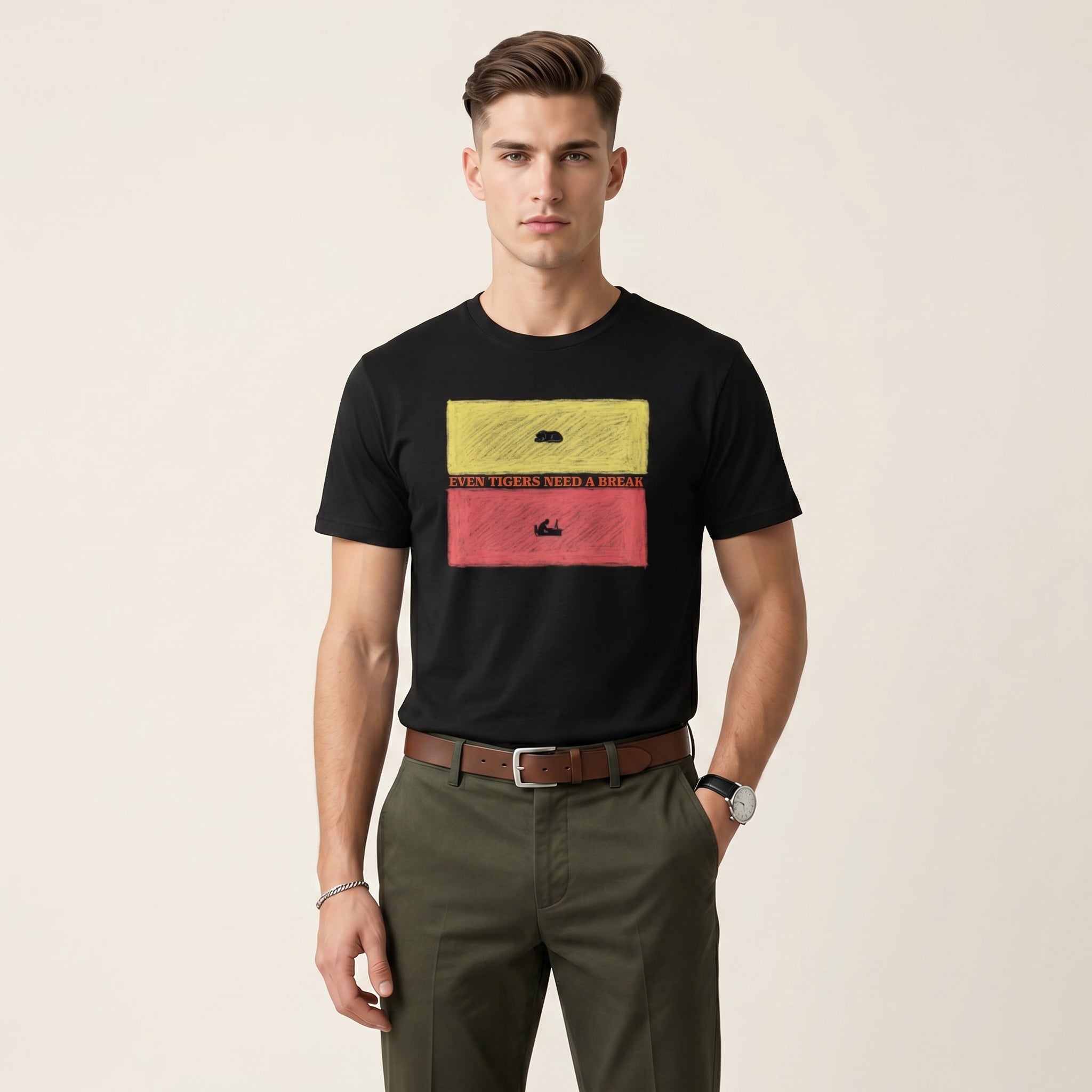 Even Tigers Need a Break Graphic T-Shirt – Conceptual Tiger Statement Tee for Modern Work-Life Balance Style