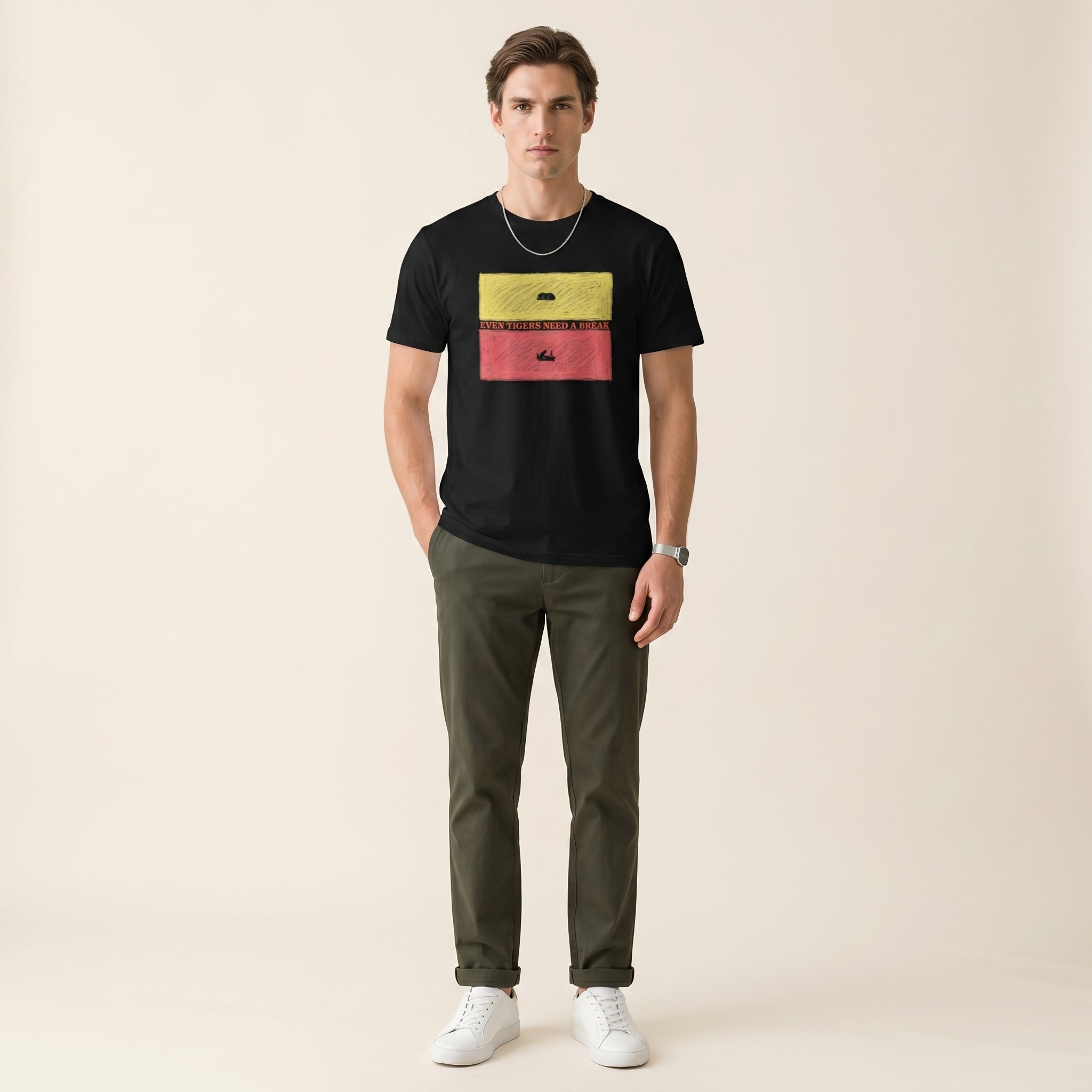 Even Tigers Need a Break Graphic T-Shirt – Conceptual Tiger Statement Tee for Modern Work-Life Balance Style