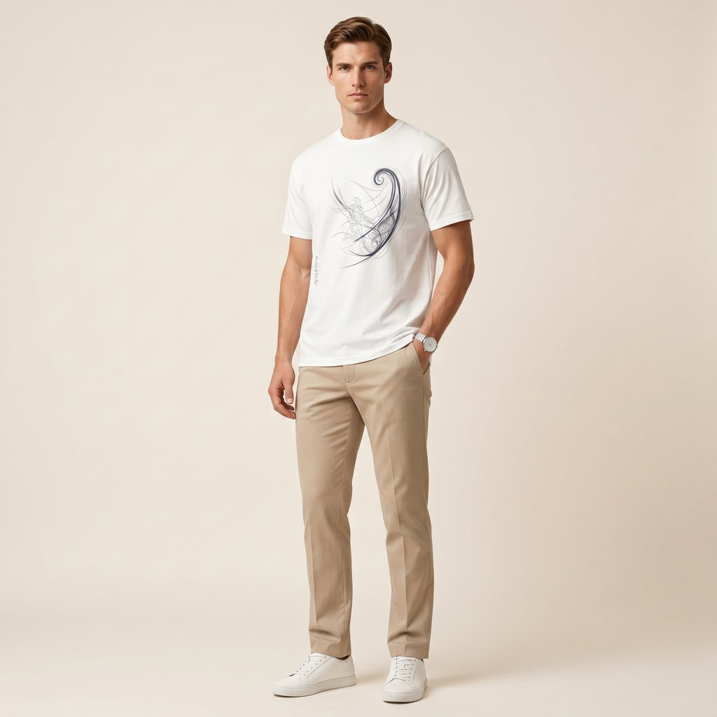 Master of the Arc Minimalist Football T-Shirt – Abstract Bend Trajectory Graphic Tee Inspired by Precision Motion